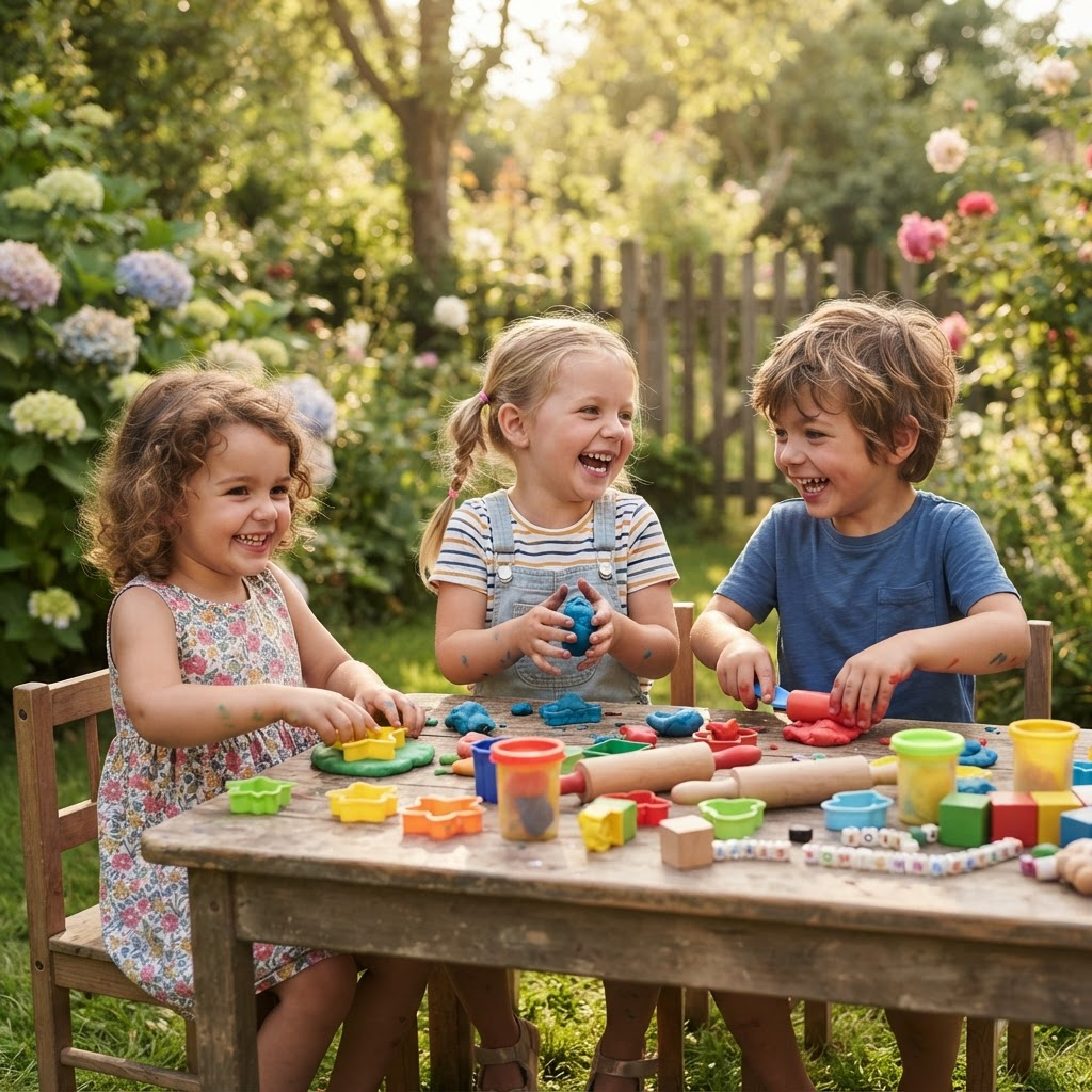 Children playing with colorful clay and toys