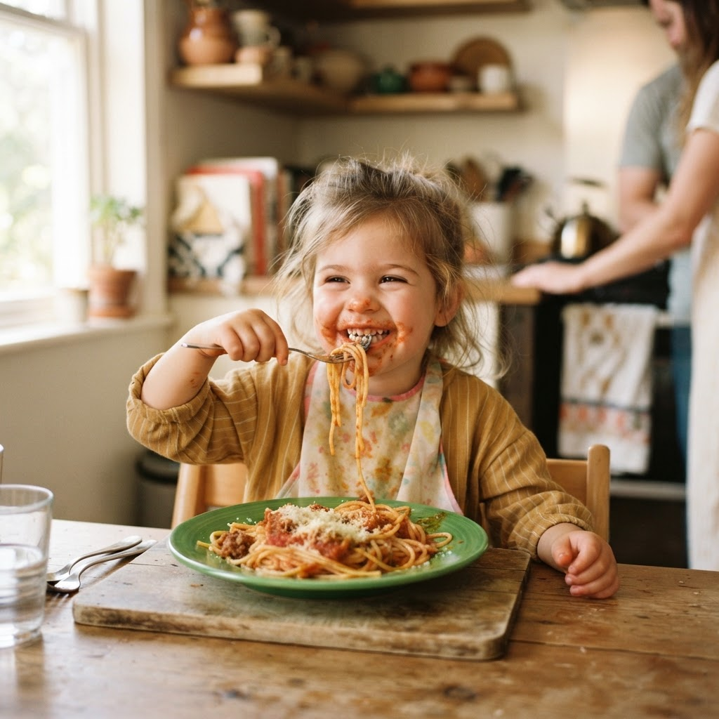 A child happily eating a plate of spaghetti